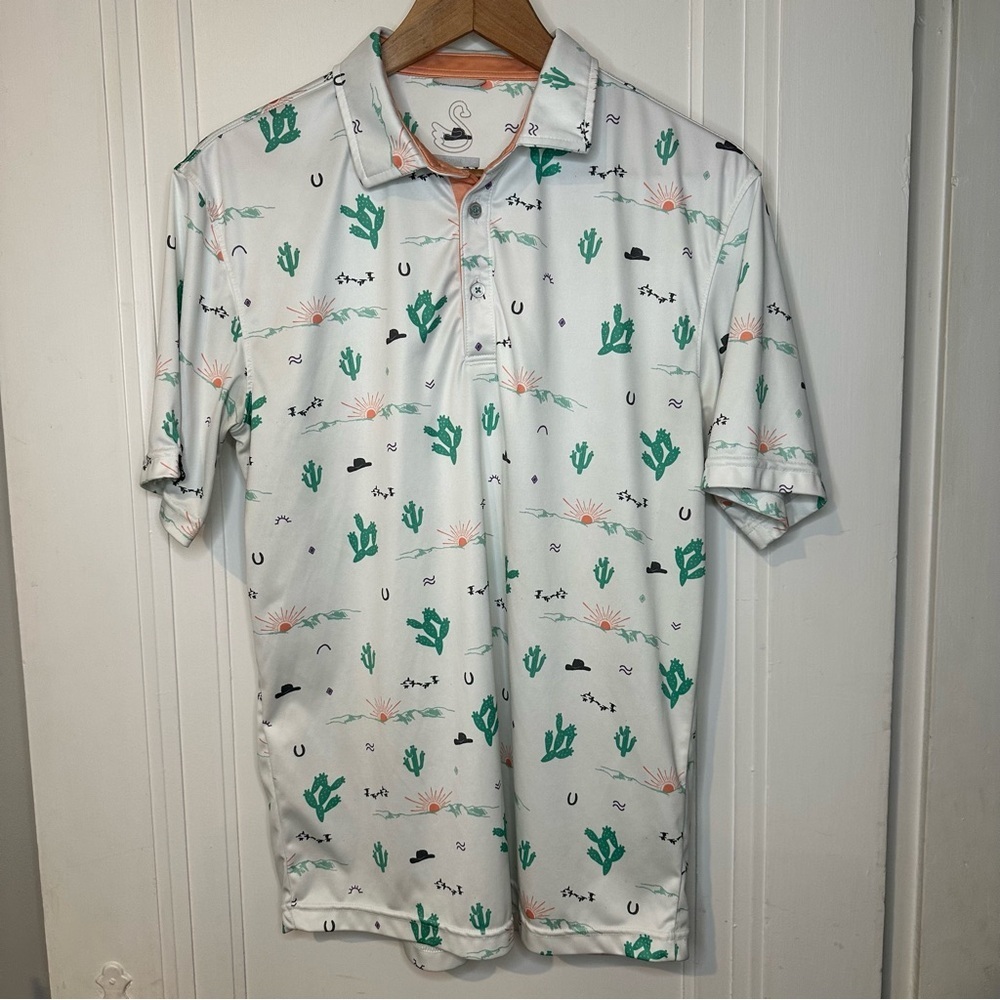 Swannies Cactus Print Polo Shirt - White and Green men’s medium